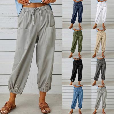 China Solid Color 100% Anti-Wrinkle Casual Women's Linen Harem Pants Women's Summer Cotton Linen Pants For Women for sale