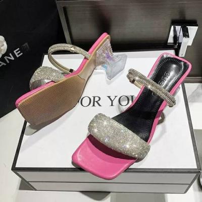 China Different Square Toe Women Rhinestone Leisure Office Ladies Prom Slippers Breathable Elegant Luxury Slides Rhinestones High Heels for sale