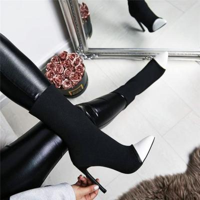 China MOCCASIN BOOT Plus-size Female Boots Europe and the United States New Autumn Winter Pointed Stretch Super High-Heeled Shoes Black and White for sale