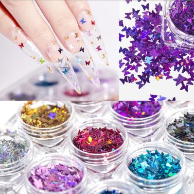 China Easy Apply New 12 Mix Color Butterflies Glitter Nail Art Glitter and Shiny Laser Glitter Sequin Stickers for Nail Art Decoration for sale