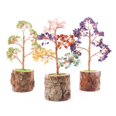 China China Customization Natural Gemstone Chakra Tree Craft Mounted Hand Made Crystal Quartz Chips Tree in Natural Wood Base for sale