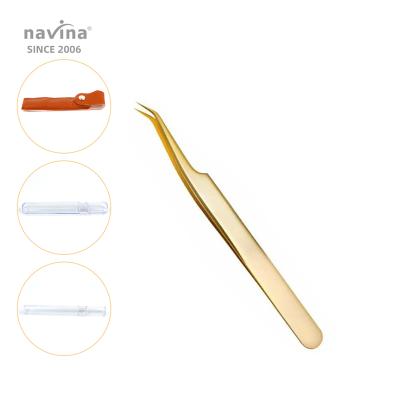 China Navina Eyelash Extension Tweezers Stainless Steel False Eyelash PT-12 Gold Non Magnetic Tweezers for sale