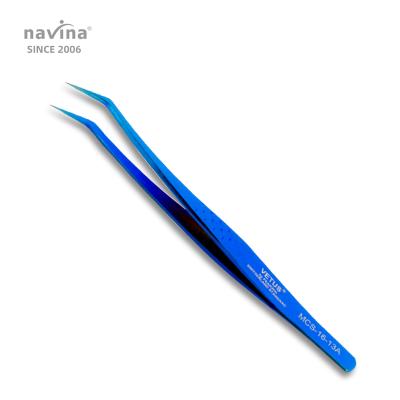 China Blue Stainless Steel Navina Eyelash Extension Tweezers VETUS-01B Blue Non Magnetic False Eyelash Tweezers for sale