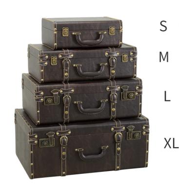 China Vintage Retro PU Suitcase Storage Wooden Trunk Boxes With Handles Leather Luggage Suitcase Trunk Set for sale