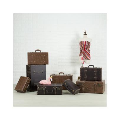 China Storage 4 Sets Luggage Storage Box Suitcase Trunk Leather Carrying Wooden Box For Storage for sale