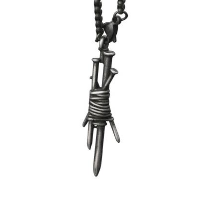 China Ethnic Polish Black Titanium Stainless Steel Pendant Necklace Men's Retro Design Nail Tops Necklace With String for sale