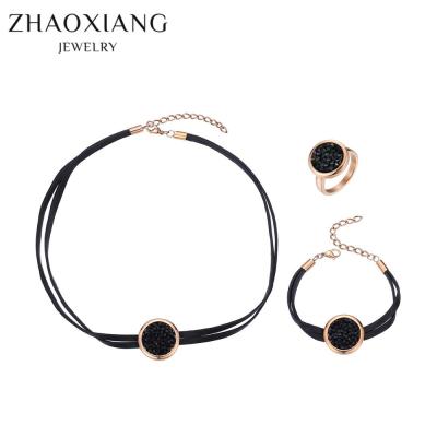 China Custom Simple Fashion SJ80013 Stainless Steel Jewelry Black Leather CZ Stone Jewelry Set for sale