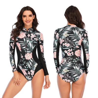 China Breathable Sexy Zipper One Piece Swimsuit Long Sleeve Swimwear Women Print One Piece Floral Swimsuit Surfing Swimsuit Wear for sale