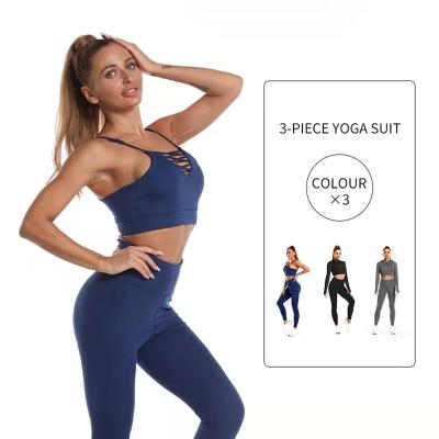 China 2022 Women's Breathable Custom Size Fitness Seamless Sports Workout Clothing Top 3 Piece Yoga Set Suit for sale