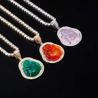 China LUOXIN FASHIONABLE Jade Buddha Necklace Full Rhinestone Laughing 18k Gold Plated Buddha Pendant Necklace for sale