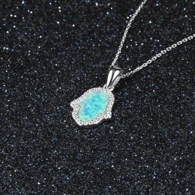 China LUOXIN NEW FASHIONABLE Trendy 925 Sterling Silver Hamsa Blue Opal Pendant Necklace for sale