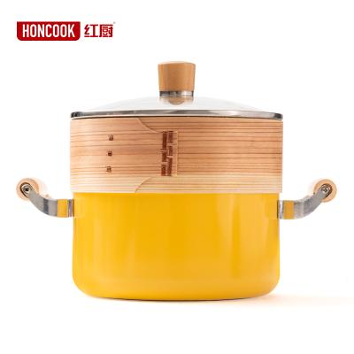 China Durable Yellow And White Aluminum Alloy Non Stick Coating Large Capacity Casserole Soup Pots Wooden Handle for sale