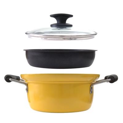 China Durable Aluminum Alloy Forged Yellow Color Non Stick Coating Casserole Soup Pot Set Steam Induction Bottom for sale