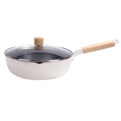 China Sustainable Pan Skillet Pan Deep Fry Non-Stick Frying Pan With Glass Cover Wood Handle for sale