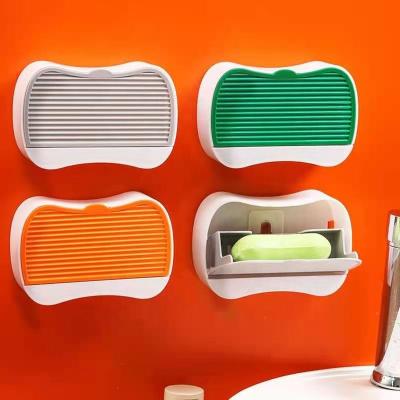 China Modern Dustproof And Anti-touch Self-draining Nail-free Adhesive Mount Wall Soap Rack Soap Dish Holder Plastic Box for sale