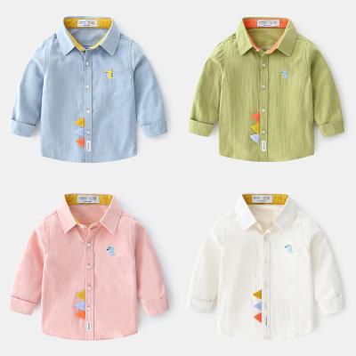 China Cute Garbage Fashion Anti-shrink Cotton Spring Boys Tops Outwear Button Down Dinosaur Embroidered Kids Shirt for sale