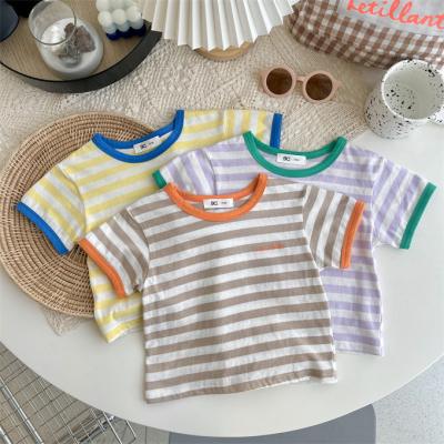 China Soft Thin Stripe Toddlers T-shirt Tops Summer Little Girls Kids Pure Cotton Crewneck Sweater Anti-Shrink for sale