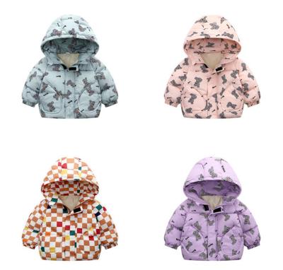 China Anti-wrinkle winter fashion polyester dinosaur bear plaid toddler hoodie jacket zipper thick kids windproof coat for sale