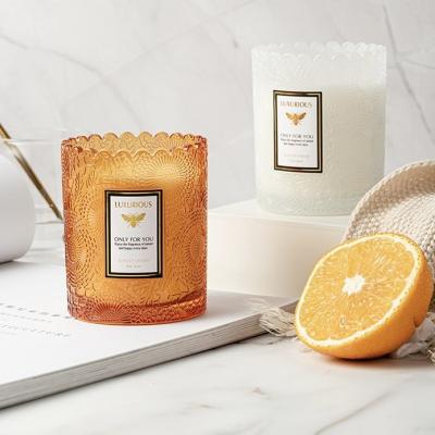 China Home Decoration Wholesale Smokeless Candle Container Floral Embossing Wax Scented Candle Lace Relief Glass Jar for sale