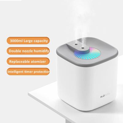 China Square Diffuser Humidifier in 3L Large Jet Running Dual Humidifier USB LED Diffuser Ultrasonic Humidifier with Square Shape Night Light for sale