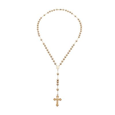 China Religious 14K Gold Plated 6 Mm Laser Beads Virgin Mary Cross Rosary Necklace for sale