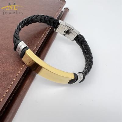 China Best Selling Jewelry TRENDY in Europe and America ID Bracelet for Men Boy Leather Stainless Steel Handmade Design Unisex Black Bracelet for sale