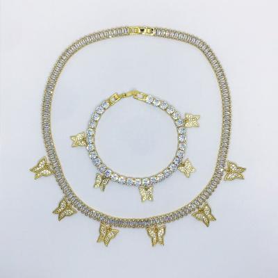 China Hot Selling FASHIONABLE Modern Design Butterfly Cuban Chain Shining Girls On White Stretch Party Zircon Necklace Bracelet Jewelry Sets for sale