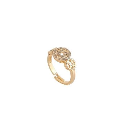 China High Quality European and American Fashion Design 14K Gold Zircon Coin Ring Opening Adjustable Index Finger Rings for sale