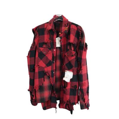 China Cotton 100% destroy splicing red plaid, double-layer high street long sleeve shirt, coat, fashion plaid shirt for sale