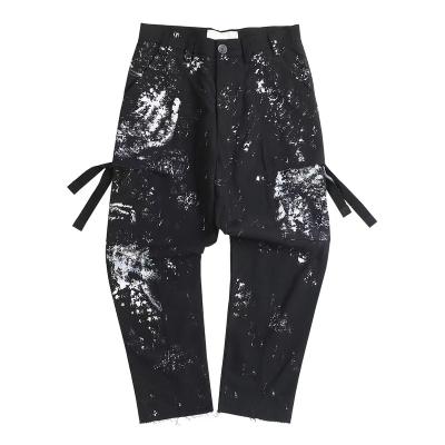 China Color Fade Proof Loose workwear ink splatter pants ribbon casual pants hand painted ink splatter pants for sale