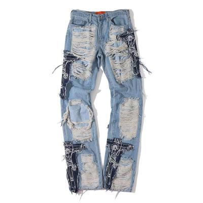 China Color Fade Proof Embroidered Stickers, Holes, Religious Jesus Stitched Jeans, High Street Fashion Brand Loose Casual Pants for sale