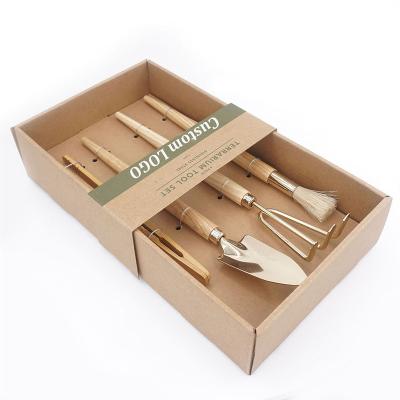 China Gold Eco-friendly Miniature Planting Tool Kit Stainless Steel Bonsai Plants Kit Wooden Mini Garden Hand Tool Kit For Succulent for sale