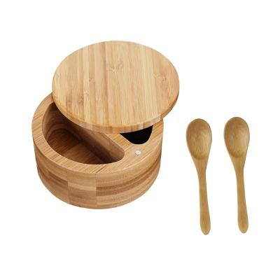 China Europe High Quality Bamboo Wooden Salt Box Storage Box Pepper Cellars With Magnetic Swivel Lid Salt Engraved On The Lid for sale