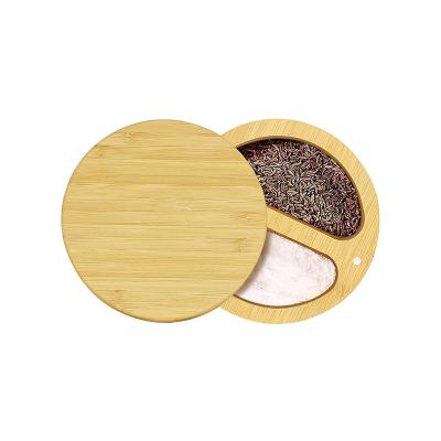 China Europe Custom Wooden Salt Cellar With 2 Compartments Wooden Round Salt Box Spice Box With Swivel Cover for sale