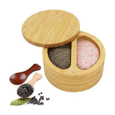 China Organic Bamboo Salt Box Logo Round Spices Storage Container Custom Wooden Europe Spice Jar With Magnet Swivel Lid for sale