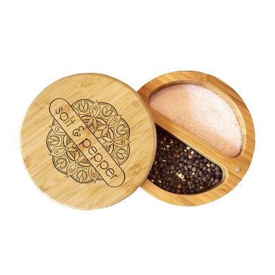 China Europe Custom Wooden Salt Cellar With 2 Compartments Wooden Round Salt Box Spice Box With Swivel Cover for sale