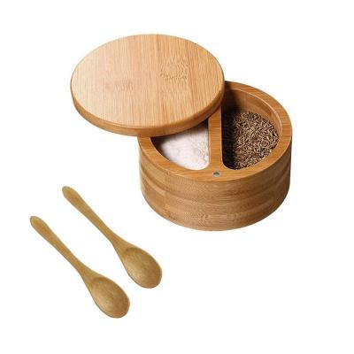 China Europe Custom Logo Round Bamboo Salt Box Pepper Box For Spice Storage Container Kitchen Salt Box With Magnet Rotating Cover for sale