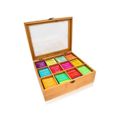 China Europe 2021 Hot Selling 12 Compartments Bamboo Tea Bag Organizer Wooden Box With Transparent Lid Tea Box for sale