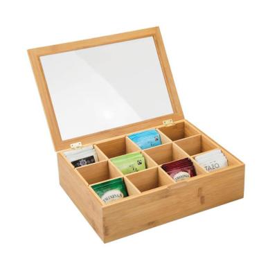 China Europe Natural Wood Finish 12 Adjustable Chest Compartments Bamboo Tea Caddy Storage Organizer for sale