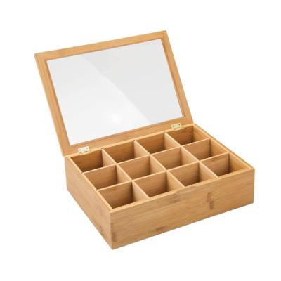 China Europe 2021 Hot Selling 12 Compartments Bamboo Tea Bag Organizer Wooden Box With Transparent Lid Tea Box for sale