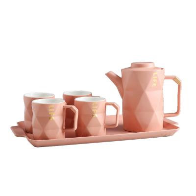 China Viable Simple Geometric English Coffee Teapot Porcelain Style Ceramic Teapot And Cup Set With Tray for sale