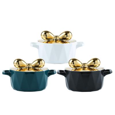 China Sustainable Ceramic Soup Rice Bowl With Handle Gold Plated Ceramic Soup Bowl With Lid for sale