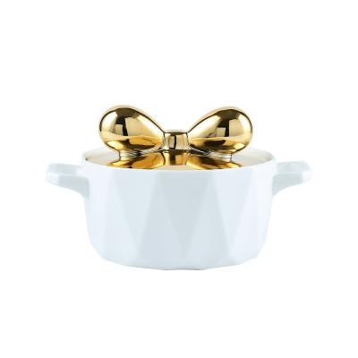 China Modern geometric gold-plated ear double tableware household soup pattern large capacity instant noodle ceramic bowl for sale