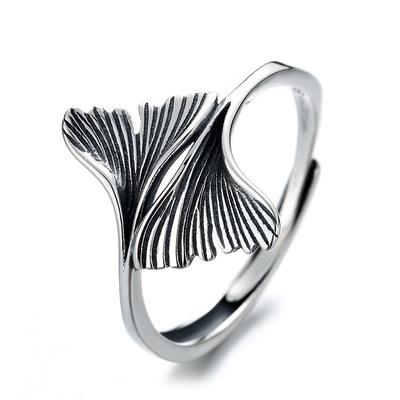 China Retro Vintage NINE 925 Sterling Silver Adjustable Ginkgo Biloba Leaf Band Ring Ladies Fashion Ring for sale