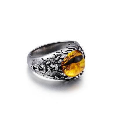 China Retro Stone Ring Gift of Amber Eyes Gemstone Yellow Opal Cat's Eye Stainless Steel Ring by NINE FASHIONABLE Men's Unique Jewelry for sale