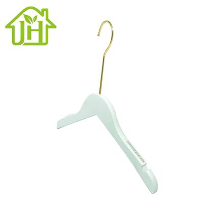 China Custom Logo Minimalist Personalized White Wooden Coat Hangers With Gold Plated Hook for sale