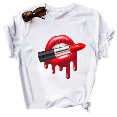 China Breathable Red Lip Printed Casual White Women Shirt T-shirt Dress Women Summer Fashion Plus Size T Shirts For Women for sale