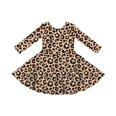 China Regular Leopard Print Dress For Girls' Long Sleeved Dresses Girls Bamboo Collar Kids Fashion Girl Night Out Round Dress Custom Label for sale