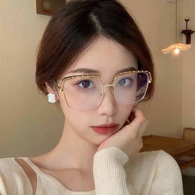 China 2022 New Arrival Eye Protection Decoration Hollow Out Anti Ray Computer Glasses Metal Chain Square Spectacle Blue Frame Women's Fashion Plain Glasses for sale