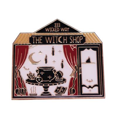 China Metal The Witch's Shop Enamel Pin Moon Spooky Bat Magic Crystals Evil Potion Cauldron Brooch Halloween Vibraphone Perfect Addition for sale